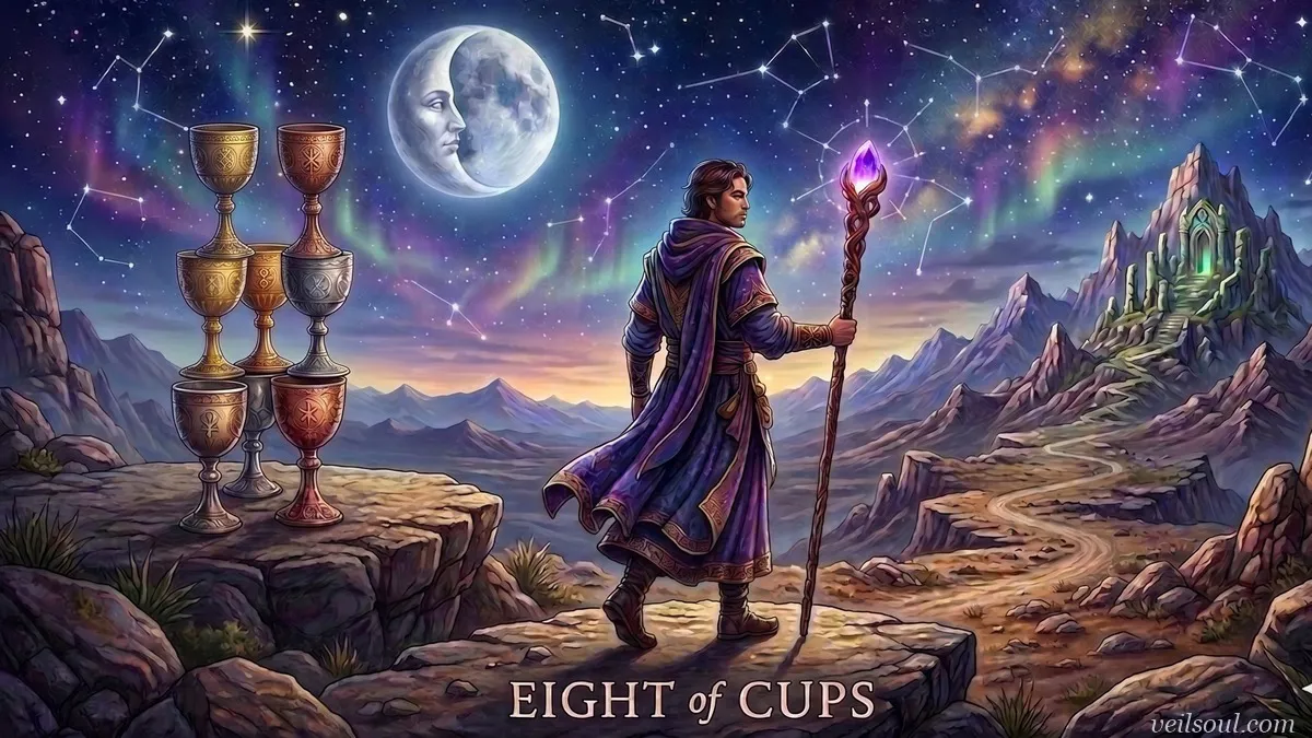 Eight of Cups Tarot Card Meaning: Walking Away, Seeking Deeper Meaning, and Emotional Courage