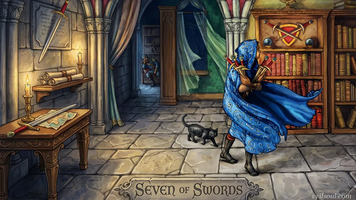 Seven of Swords Tarot Card Meaning: Deception, Strategy, and Hidden Motives