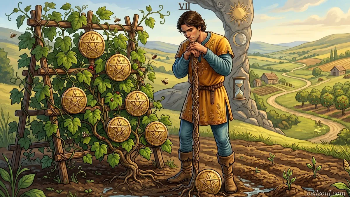 Seven of Pentacles Tarot Card Meaning: Patience, Assessment, and Long-Term Growth