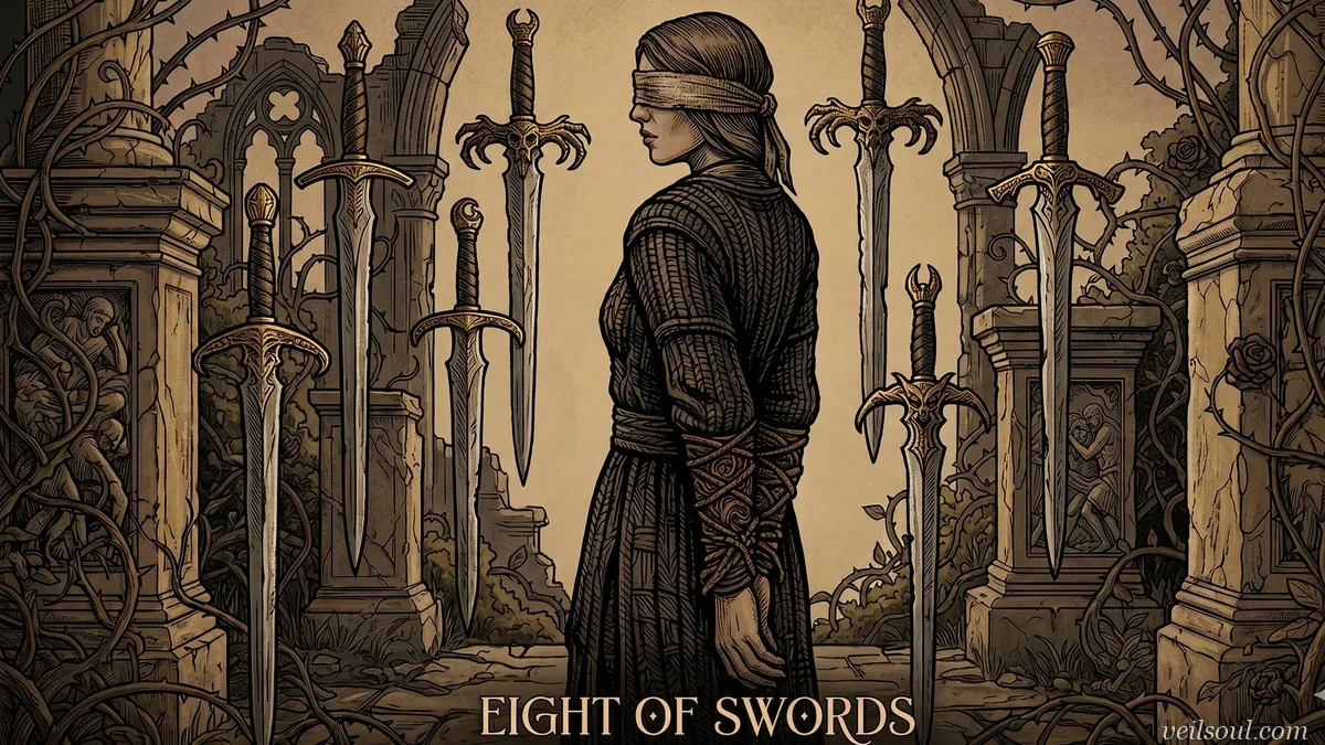 Eight of Swords Tarot Card Meaning: Restriction, Self-Imposed Limits, and Feeling Trapped