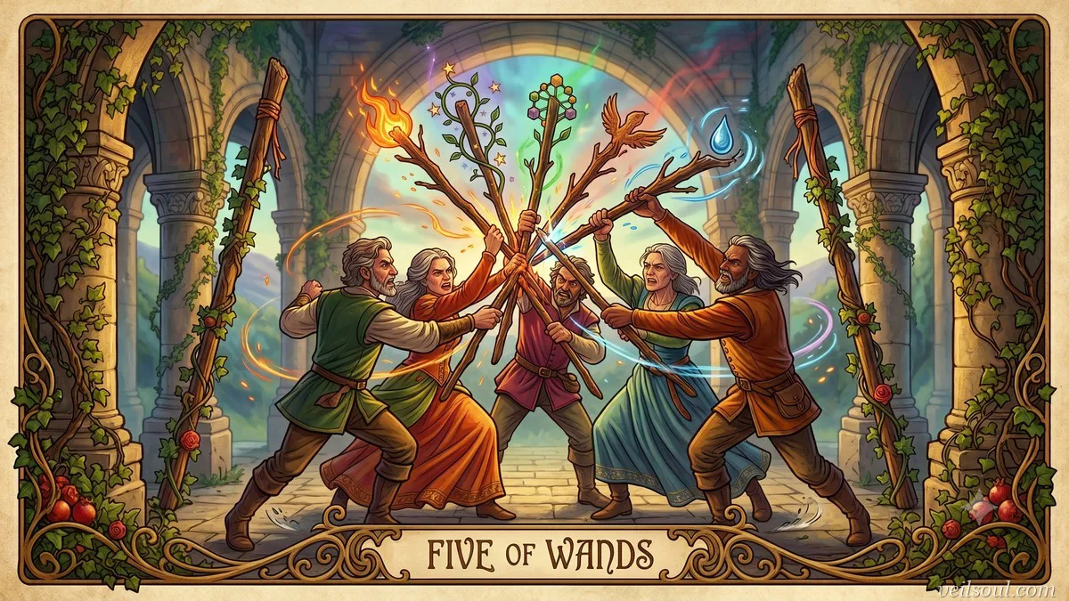 Five of Wands Tarot Card Meaning: Conflict, Competition, and Creative Tension